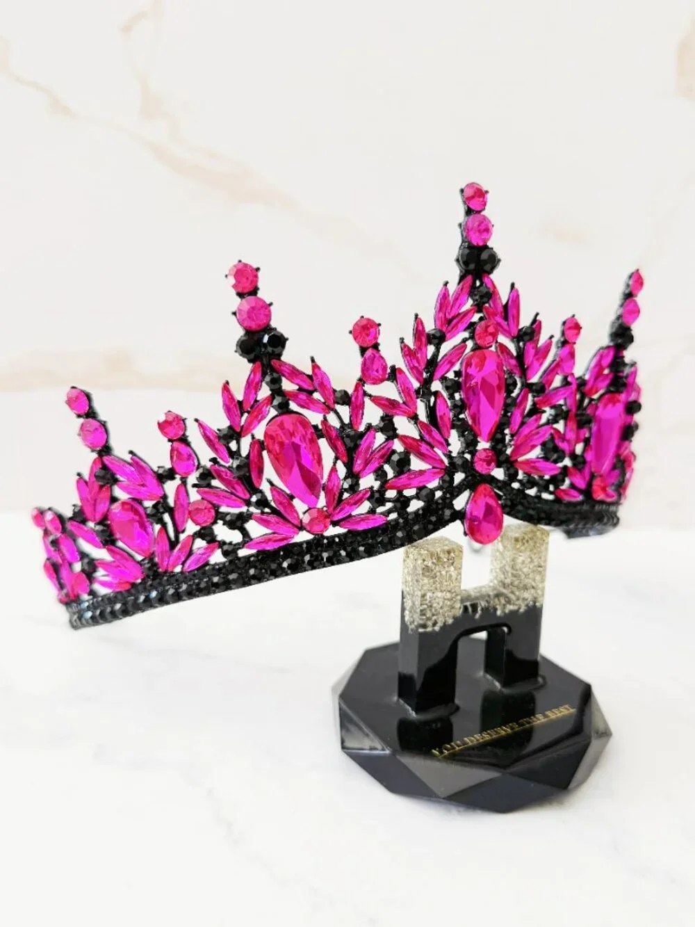 Hot Pink Rhinestone Headpiece, Gothic Fuchsia Crystal Tiara, Black Crown